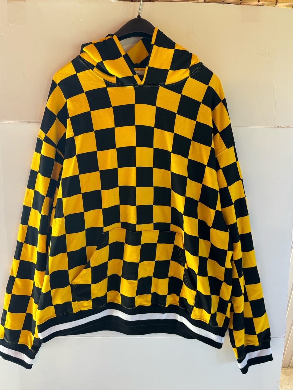 MNML Men’s Heavyweight Pullover Cotton Hoodie Checkerboard Yellow Black, XXL